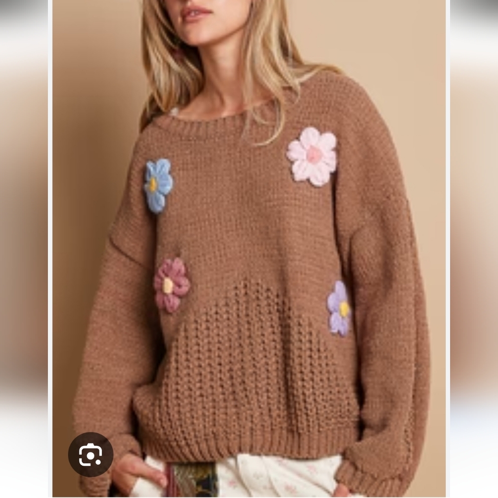 POL Chenille Mocha Knit Sweater with Floral Appliques